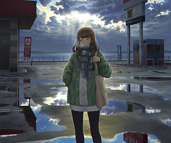 Quad : Harbor Morning — Anime Girl in Winter Coat, Anime, girl, anime girl HD wallpaper