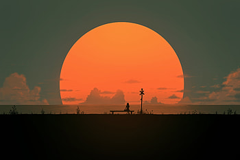 Person Sitting Alone At Sunset With Large Sun, person, alone, sunset, sun, artist, artwork, art, digital-art, pixiv HD wallpaper