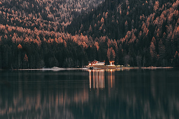 Resort at lake, Lake, nature, water, tree HD wallpaper