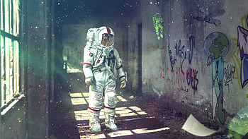 Abandoned school, Astronauts HD wallpaper