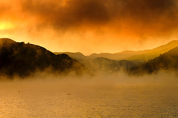 Spirits on the lake, color, set, grass, tree, rock, rise, sky, water, sun, forest, cloud HD wallpaper