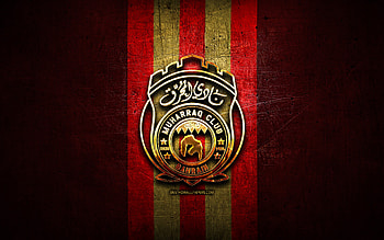 Al-Muharraq FC, golden logo, Bahraini Premier League, red metal background, football, Bahraini football club, Al-Muharraq SC logo, soccer, Al-Muharraq SC HD wallpaper