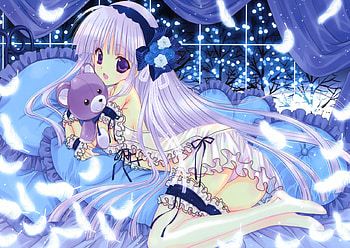 Time to Sleep, night, blue, sweet, white, feathers, bed, window, cute, girl, beautiful, stars, beauty, tie, teddy bear, anime, pretty HD wallpaper