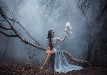 :), blue, model, bird, girl, owl, woman, mist, bufnita, irina chernyshenko, pasari, forest HD wallpaper
