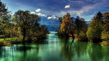 Beautiful River At Sunset, trees, Bavaria, green waters, Germany, mountains HD wallpaper