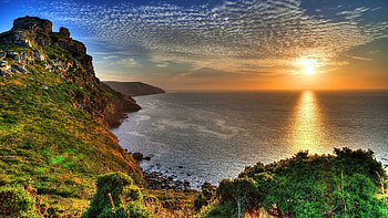 Sunset at Exmor National Park, England, sea, coast, landscape, clouds, colors, sky, rocks, sun HD wallpaper