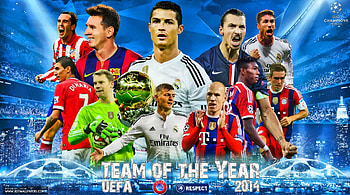 UEFA TEAM OF THE YEAR 2014, real madrid, fc barcelona, uefa, lionel messi, bayern munchen, champions league, robben, cristiano ronaldo, zlatan ibrahimovic HD wallpaper