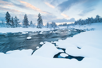 Winter River Serenity in : A Snow-Covered Nature Escape, snow, winter, nature, river, season HD wallpaper