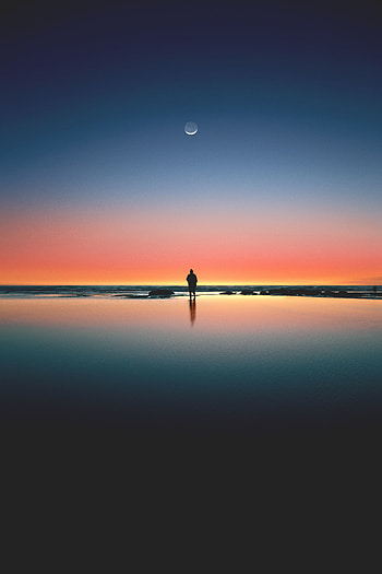 Sunset, beach, sea, horizon, silhouette, moon HD phone wallpaper