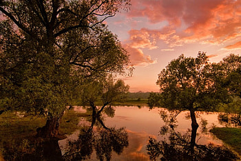 Sunset, clouds, sky, lake HD wallpaper