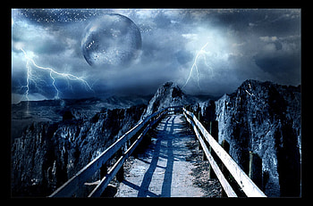 STORMY NIGHT, night, lightning, moon, bridge, stormy HD wallpaper