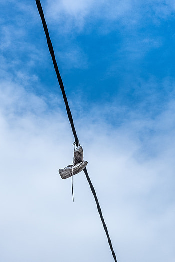 Sky, Clouds, Miscellanea, Miscellaneous, Sneakers, Shoes, Wire, Footwear HD phone wallpaper