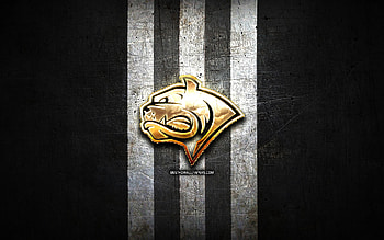 Dornbirn Bulldogs, golden logo, ICE Hockey League, black metal background, austrian hockey team, ICE Hockey League logo, hockey HD wallpaper