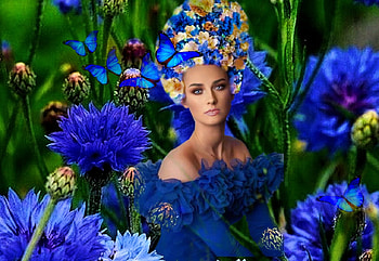 Blue Royale, colorful, blue, vibrant, girl, butterflies, vivid, yellow, green, bright, bold, headdress, flowers HD wallpaper