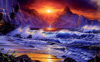 3D ocean view, waves, set, 3D, mountains, sun, ocean, beach HD wallpaper