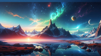 Northern Lights and Planets in Space, Northern Lights, planet, space, mountain, snow, Snowy Mountain HD wallpaper