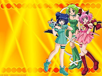 Mew Mews, blue, ichigo, kitty, lettuce, mew mew power, minto, bird, porpoise, other, cat, bells, tokyo mew mew, tail, orange, pink, anime, green HD wallpaper