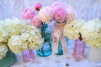✿⊱•╮In Vintage Jars╭•⊰✿, pastel, beloved valentines, graphy, peonies, lovely still life, spring, love four seasons, jars, pink, hydrangeas, nature, flowers, chic, vintage HD wallpaper