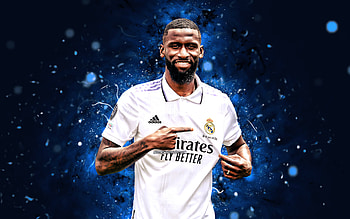 Antonio Rudiger, , 2022, Real Madrid FC, blue neon lights, soccer, German footballers, La Liga, Antonio Rudiger Real Madrid, football, Real Madrid CF, LaLiga, Antonio Rudiger HD wallpaper