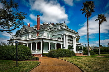 Beautiful white mansion with pillars and palm trees under a bright blue sky. HD wallpaper