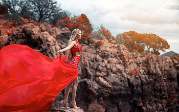 Beauty, summer, wind, blonde, red, girl, dress, vara, woman, model HD wallpaper