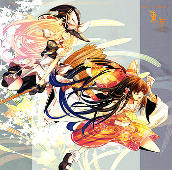 Kirisame & Hakurel, running, ribbon, hakurei reimu, hot, broom, flying, anime girl, touhou, cool, brown hair, flowers, blonde hair, hair bow, kirisame marisa, hat, female HD wallpaper
