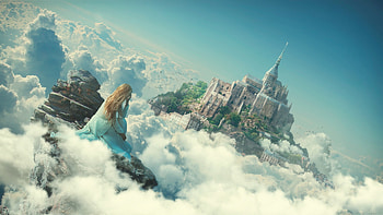 Sky castle, evgeny dvoretckiy, blue, fantasy, girl, sky, castle, cloud HD wallpaper