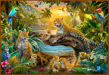 Leopards Family In The Bay, artwork, painting, parrots, plants, cats, flowers, cubs HD wallpaper