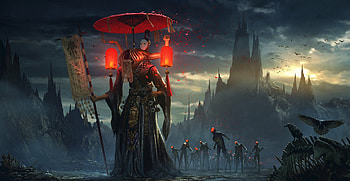 The dead, light gyzj, fantasy, art, red, luminos, castle, dark, death HD wallpaper