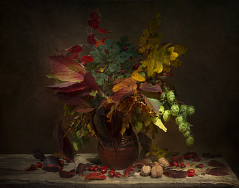 Still life, Table, Walnut, Rose, Leaves, Bouquet, Autumn HD wallpaper