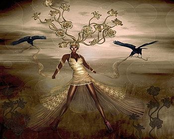 GOLDEN FANTASY, golden, birds, fantasy, female HD wallpaper
