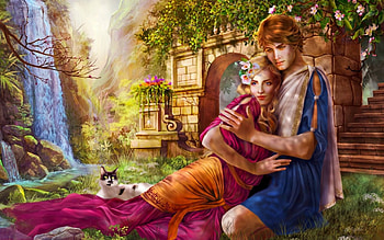Let's Never Leave, fantasy, love, men, waterfall, women, cat, romance HD wallpaper