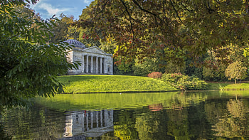 Stourhead Garden, Wiltshire, England, water, reflections, clouds, building, trees, sky HD wallpaper