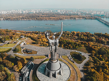 Aerial view of Kyiv, Motherland monument, Danube river view, Kyiv's stunning skyline HD wallpaper