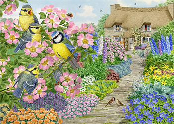 Spring garden, art, painting, flower, yellow, garden, blue, pink, blue tit, pasari, pitigoi HD wallpaper