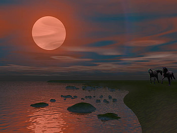 Meeting at sunset, river, horses, stons, sunset HD wallpaper