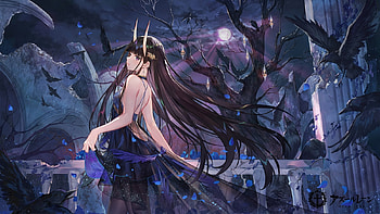 :), moon, azur lane, anime, luna, girl, manga, night, blue, horns, demon, atdan HD wallpaper