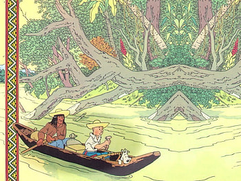 L'oreille cassee, dog, river, milou, cartoon, colored, indian, wild, cartoons, trees, snowy, canoe, herge, comic, france, green, cool, funny, tintin HD wallpaper