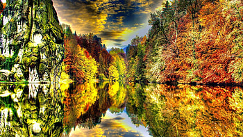amazing autumn reflection r, reflection, autumn, r, cliff, rocks, forest, lake HD wallpaper