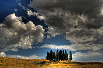 After The Storm, blue, white, hills, pine trees, grey, beautiful, dark, yellow, clouds, sky HD wallpaper