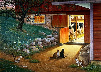 Early Risers, cow, kitten, barn, painting HD wallpaper
