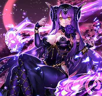 Dark Sorcerer, purple hair, long hair, dress, beauty, lady, female, sorcerer, horns, girl, beautiful, skulls, woman, purple, anime girl, anime, pretty, lovely HD wallpaper