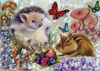 Hedgehog an Squirrel, hedgehog, puzzle, chipmunk, butterfly HD wallpaper