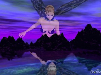 Deep Purple Fairy, wings, faerie, winged, reflection, sky, mountains, water HD wallpaper