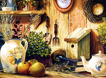 Still Life, Painting, garden, apples, utensils HD wallpaper