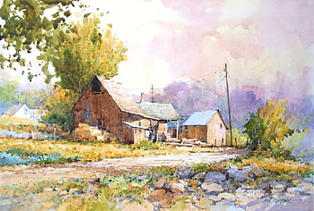 Ian Ramsay art, painting, art, house, trees, stone, ian ramsay, cottage, countryside HD wallpaper