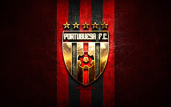 Portuguesa FC, golden logo, La Liga FutVe, red metal background, football, Venezuelan football club, Portuguesa FC logo, soccer, Venezuelan Primera Division, FC Portuguesa HD wallpaper