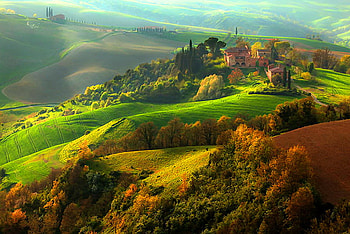 Morning hills, hills, morning, sunlight, cliffs, trees, peaceful, grass, misty sky HD wallpaper