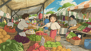 Farmers Market – Vibrant Fresh Produce and Bustling Outdoor Stalls, farmers market, Studio Ghibli, market, vegetable HD wallpaper