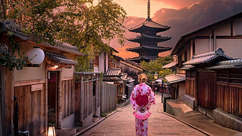 Kyoto Street, japanese, kimono, japan, pagoda, girl, cityscape, traditional, scenery, street, kyoto HD wallpaper